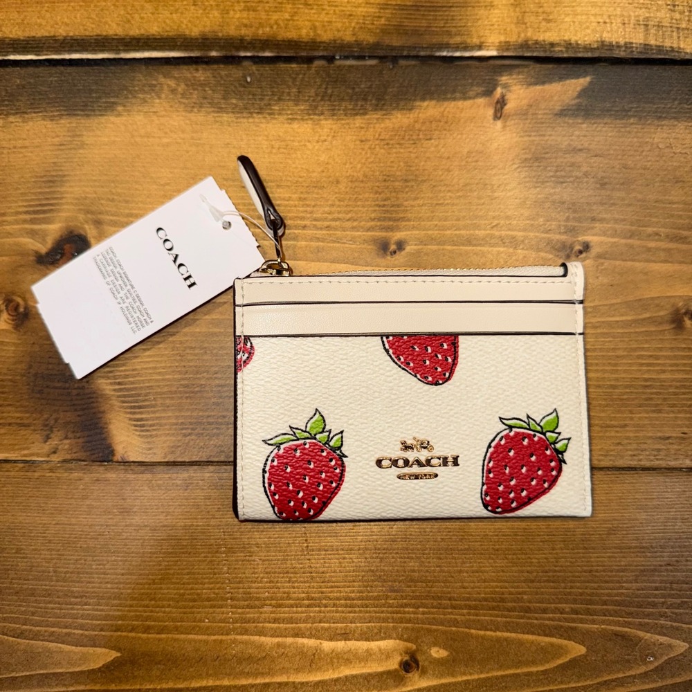 Coach Mini Skinny ID Case Strawberry Print CAR17 Chalk Multi Card Holder NWT